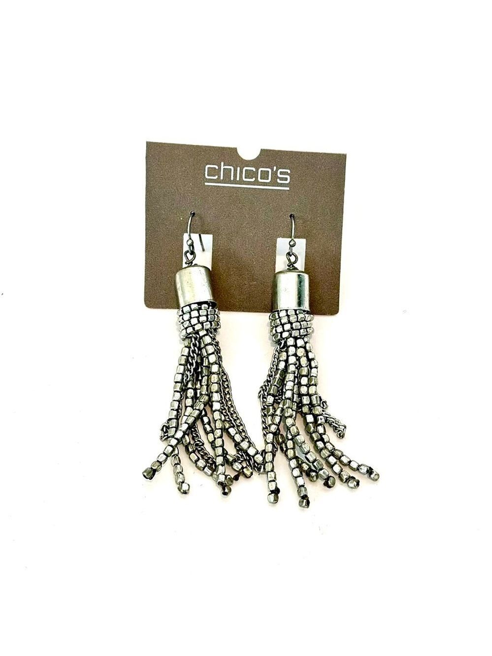 CHICO’s | Silver Square Bead Knotted 2” Tassel Earrings | NWT